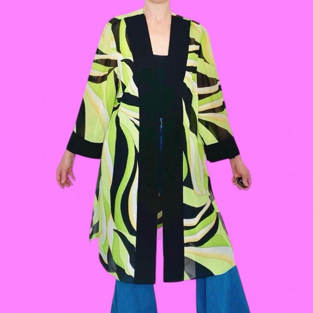 Vintage Green Black Abstract Edgy Art Open Long Sheer Cardigan